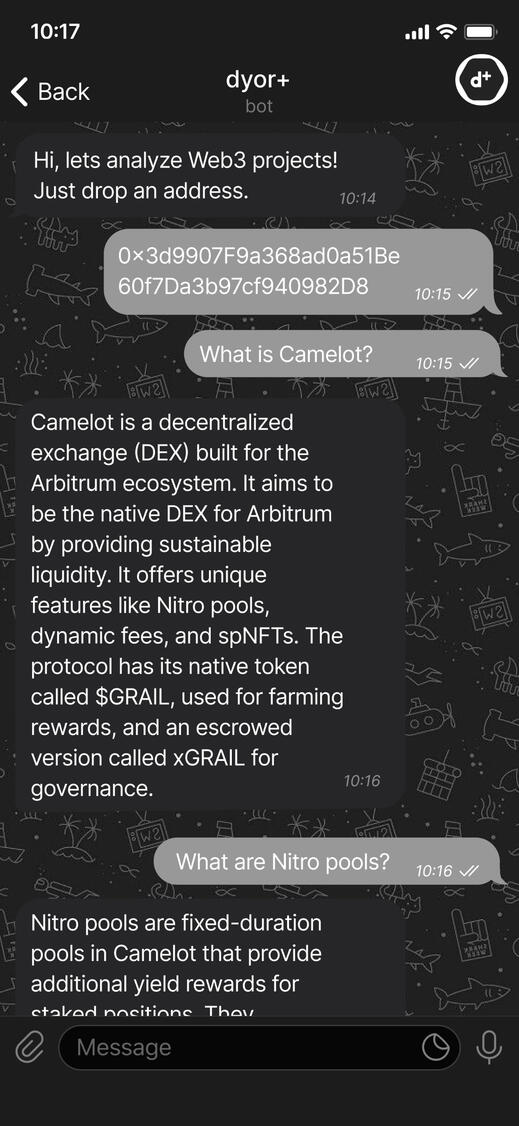 The image is a screenshot of a Telegram chat conversation. The conversation includes discussions about a decentralized exchange (DEX) called Camelot, which is built for the Arbitrum ecosystem. The chat also mentions features of Camelot such as Nitro pools,