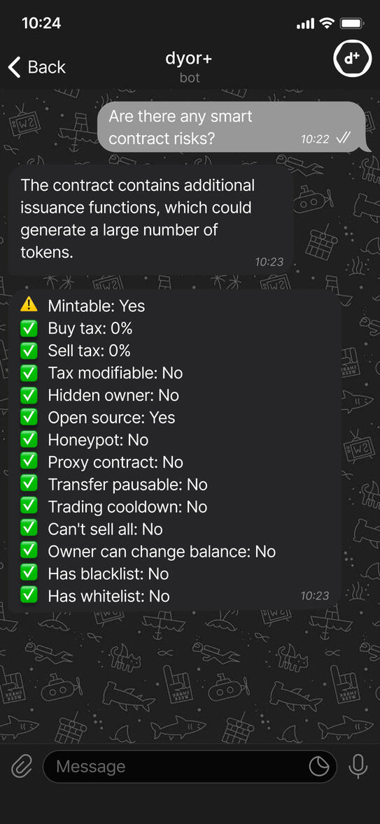 The image is a screenshot of a Telegram chat. The chat discusses smart contract risks and provides information about a specific contract, including its mintability, tax rates, source code availability, and various contract features.