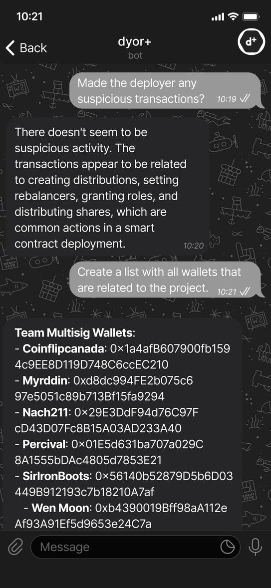 The image appears to be a screenshot of a Telegram chat conversation. The conversation includes a series of text messages discussing suspicious transactions and the creation of a list of wallets related to a project. The image primarily consists of a graph