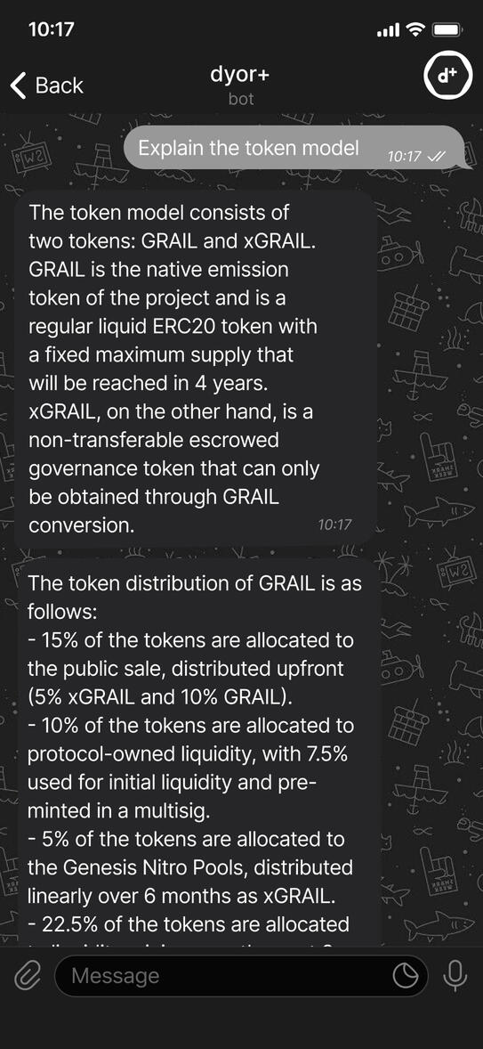 This is a screenshot of a Telegram chat conversation. The conversation is about the token model of a project. There are two tokens mentioned: GRAIL and xGRAIL. GRAIL is a liquid ERC20 token with a fixed maximum supply that will be reached in 4 years. xGRAI